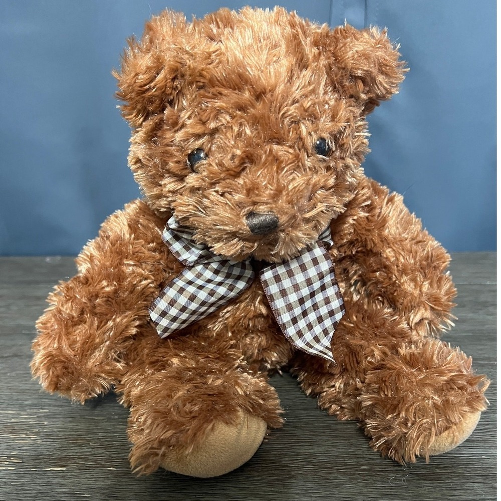 Unipak Shaggy Brown Teddy Bear Plush Gingham Bow Gaylor Sun Embroidered Foot